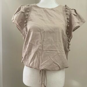 Tan Ruffled Puff Sleeve Blouse with Tie Front